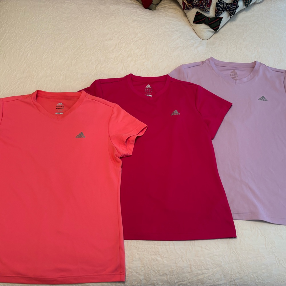 3 Adidas Climalite moisture wicking t shirts. Logo stripes down back.